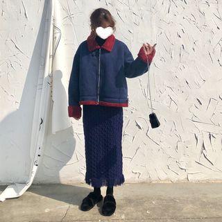 Color-block Biker Jacket / Knit Skirt