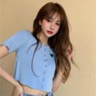 Short-sleeve Butterfly Embroidered Button-up Crop Top