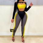 Set: Tube Top + Long-sleeve Color Block Cut- Out Jumpsuit