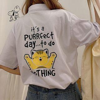 Cat Print Lettering Short-sleeve Polo Shirt