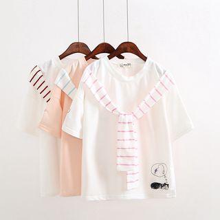Short-sleeve Striped Panel Embroidered T-shirt