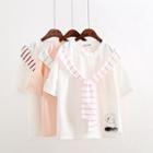 Short-sleeve Striped Panel Embroidered T-shirt