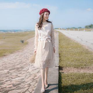 Set: Vest + Long-sleeve Lace Dress