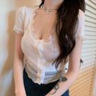 Short-sleeve Lace Trim Ribbed Knit Top White - One Size