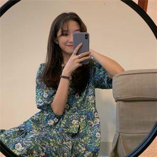 Elbow-sleeve Floral Print A-line Dress Floral - Blue & Green - One Size