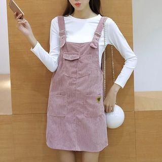 Set: Plain Long Sleeve T-shirt + Corduroy Pinafore Dress