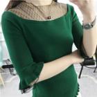 Mesh Panel Elbow-sleeve Knit Top