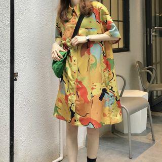 Print Elbow-sleeve Shirt Dress As Shown In Figure - One Size