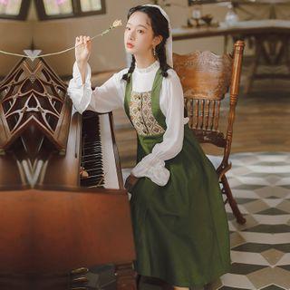 Long-sleeve Blouse / Embroidered Midi A-line Pinafore Dress / Set