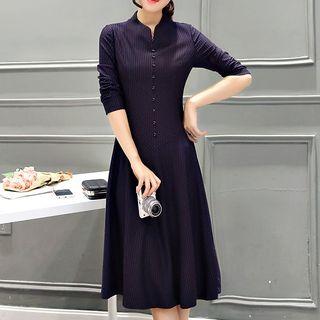 Long-sleeved Stand Collar Tie-waist Striped A-line Dress