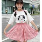 Set: Printed Elbow Sleeve T-shirt + Window Pane Skirt