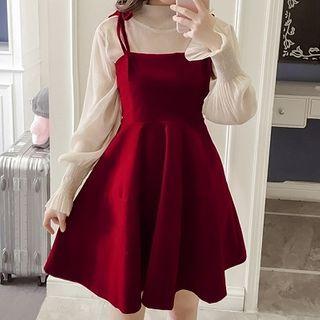 Set: Mock Turtleneck Long-sleeve Blouse + Spaghetti Strap Mini A-line Dress