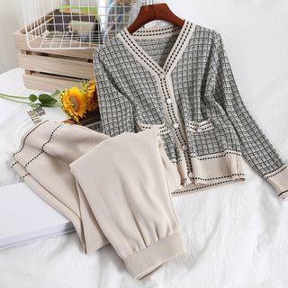 Set: Faux Pearl Buttoned Plaid Knit Top + Wide-leg Pants