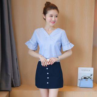 Set: Plain V-neck Short Sleeve Top + Button Down A-line Skirt