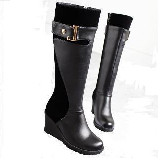 Wedge Buckled Panel Long Boots
