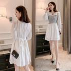 Long-sleeve Tweed-panel Mini A-line Dress