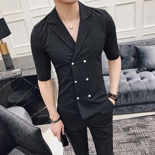 Set: Double Breasted Short Sleeve Shirt + Cropped Slim Fit Pants
