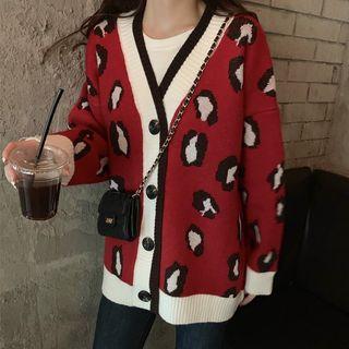 V-neck Leopard Print Cardigan Red - One Size