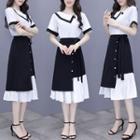 Set: Short-sleeve Chiffon Blouse + Color Block A-line Midi Skirt