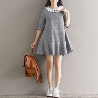 Cat Embroidered Collared Gingham 3/4 Sleeve Dress