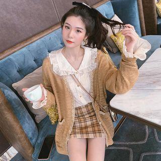 Lace Trim Cardigan / Blouse / Plaid A-line Skirt