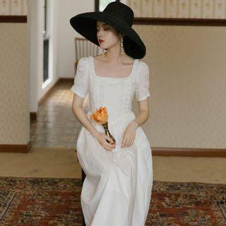 Puff-sleeve Eyelet Lace Trim A-line Midi Dress