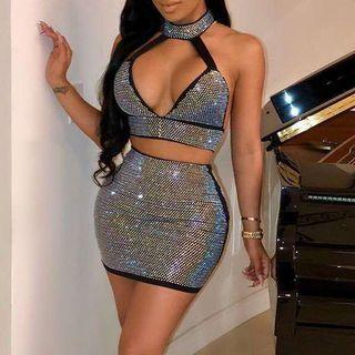 Set: Halter-neck Sequined Crop Top + Mini Skirt