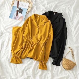 Long-sleeve Plain Gathered-waist Dress