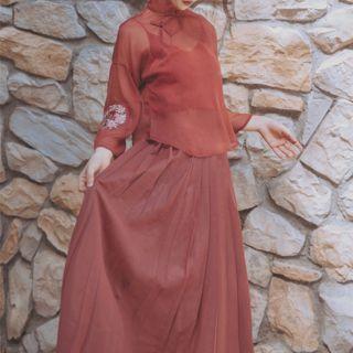 Set: Embroidered Frog-button Top + Camisole + Pleated Maxi Dress