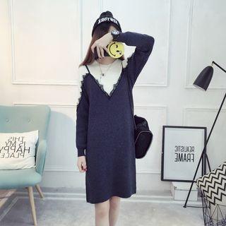 Mock Two Piece Lace Trim Pullover Dress
