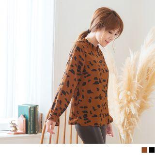 Frilled Trim Stand Collar Leopard Print Top