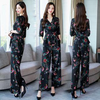 Set: Floral Print 3/4-sleeve Wrap Blouse + Wide-leg Dress Pants