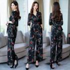Set: Floral Print 3/4-sleeve Wrap Blouse + Wide-leg Dress Pants