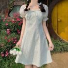 Puff-sleeve Tie-front Frill Trim Floral Print Mini A-line Dress