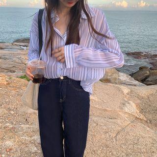 Striped Shirt / Wide-leg Jeans