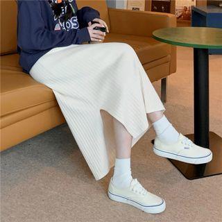 Slit Midi Ribbed Knit Skirt