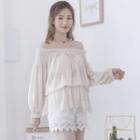 Off-shoulder Long-sleeve Lace Top Pink - One Size