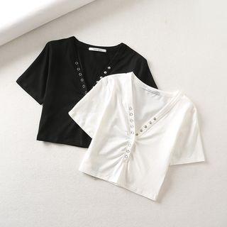 Short-sleeve Placket Cropped Top