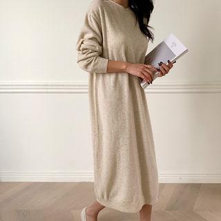 Crewneck Woolen Knit Long Dress Oatmeal - One Size