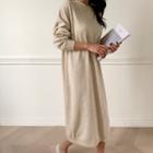Crewneck Woolen Knit Long Dress Oatmeal - One Size