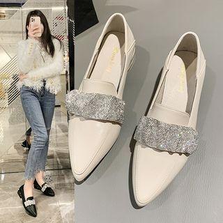 Pointed Rhinestone Block Heel Loafers