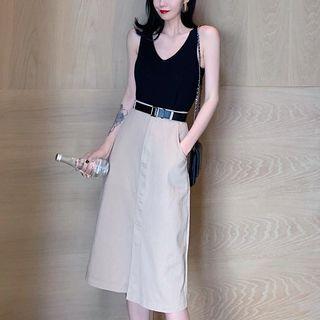 Halter Neck Rib Knit Tank Top / A-line Skirt