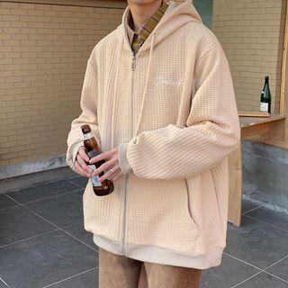 Lettering Embroidered Waffle Zip Hoodie