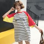 Color Panel Striped 3/4 Sleeve T-shirt Dress