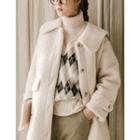 Sailor-collar Faux-shearling Coat Beige - One Size