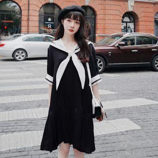 Navy Collar Color Block Panel Dress