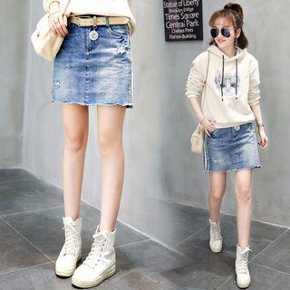 Distressed Pencil Denim Skirt