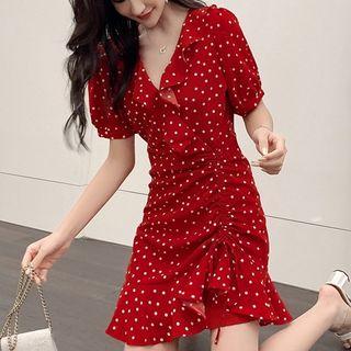 Ruffle Trim Dotted Short-sleeve Sheath Dress