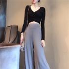 Long-sleeve V-neck Top / High-waist Wide-leg Pants
