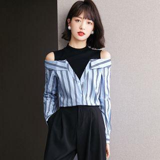 Cold-shoulder Mock Two-piece Striped Shirt